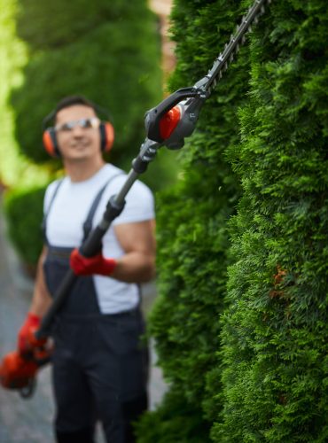 man uniform trimming hedge during summer time